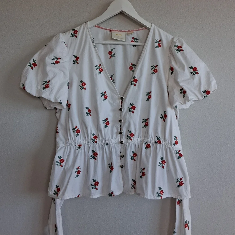 Anthtopologie Maeve Rosalie Embroidered Blouse White Poplin Cotton
